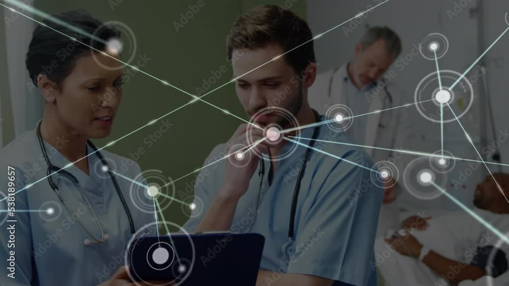 Poster animation of dots connected with lines over multiracial doctors discussing report over clipboard