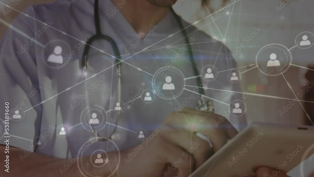 Poster animation of dots interconnecting with lines over biracial doctor using digital tablet