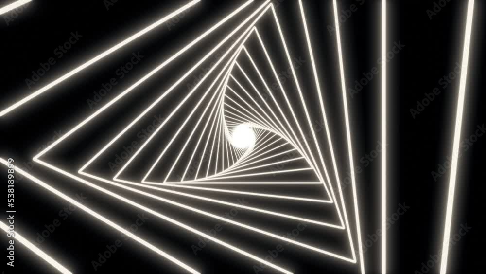 Aufkleber camera moving into white neon triangular tunnel, abstract 3d glowing background with spectral energy