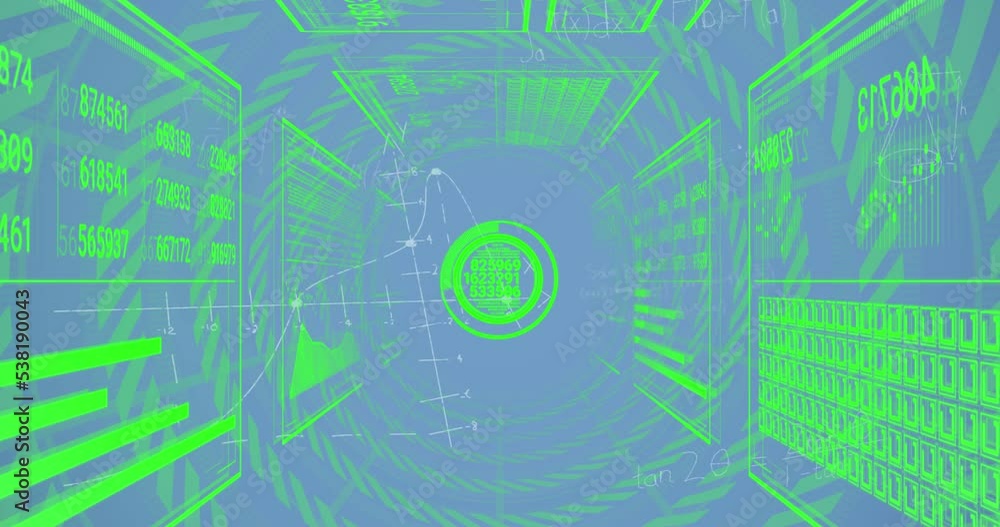 Aufkleber animation of data processing and math formulas on blue background