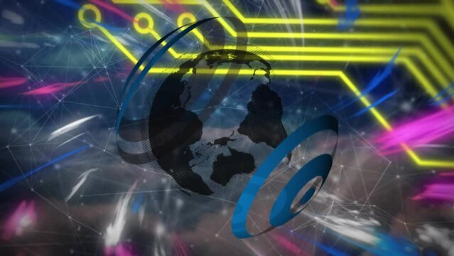 Animation of globe, connections, lights and integrated circuit in digital space