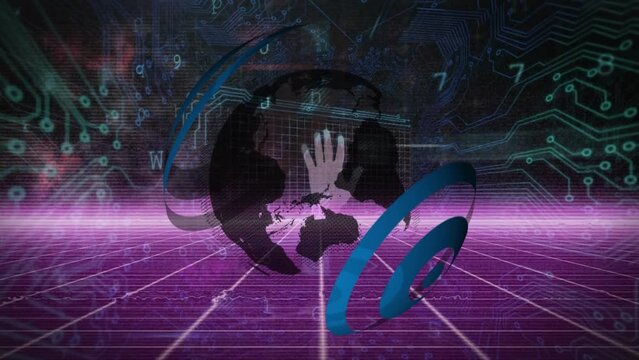 Animation of globe, hand, scanning in digital space
