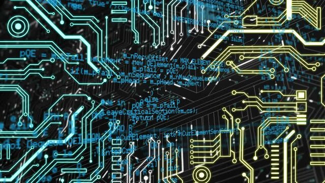 Animation of integrated circuit and data processing on black background