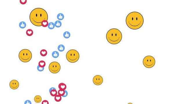 Animation of social media reactions and emoticons over white background