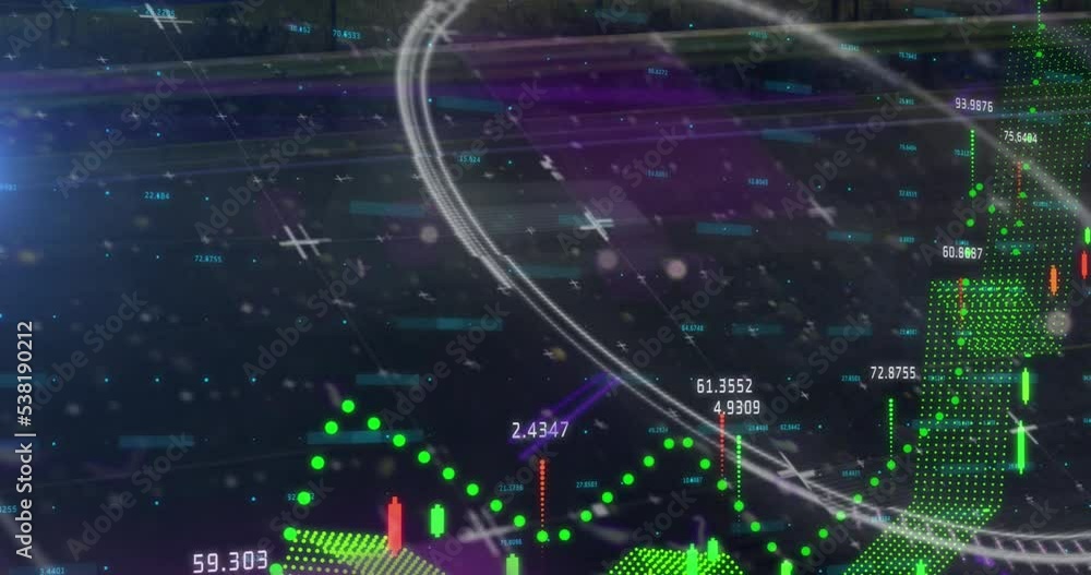 Poster animation of glitch, processing circle and financial graphs and data on black background