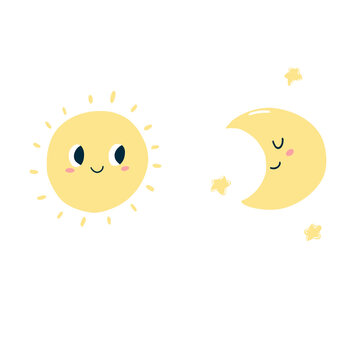 Cute kawaii sun, moon and stars in cartoon flat style. Vector illustration of kids icon with happy face for poster, fabric print, card, kids apparel