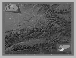 Osh, Kyrgyzstan. Grayscale. Labelled points of cities