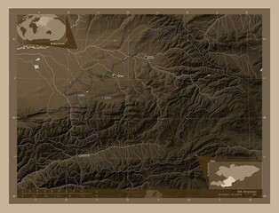 Osh, Kyrgyzstan. Sepia. Labelled points of cities
