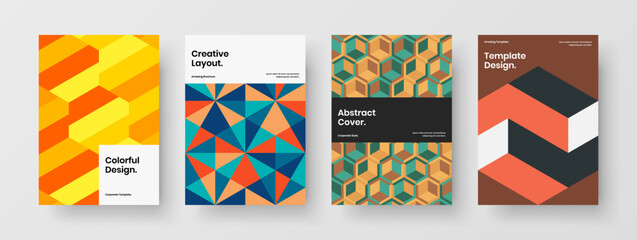 Fototapeta premium Vivid corporate cover vector design illustration set. Multicolored mosaic shapes booklet template composition.