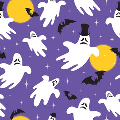 Vector halloween seamless pattern: black bats, funny ghosts wearing hats flying in the  night sky with full yellow moon and stars. Cartoon holiday design for textile, wrapping paper, card, poster.