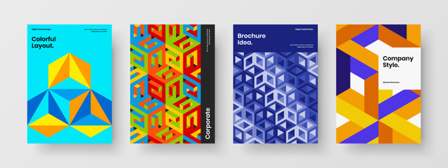Bright front page A4 design vector concept bundle. Unique mosaic shapes brochure illustration set.