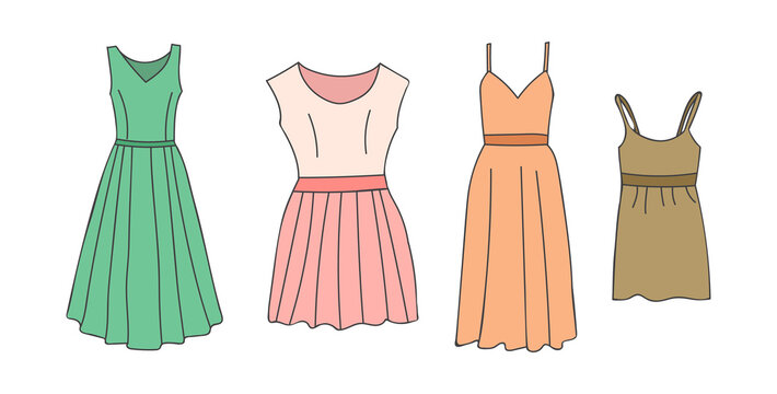 Woman summer dresses colorful doodle illustrations collection in vector. Woman summer dresses collection in vector. Set of summer dress in vector