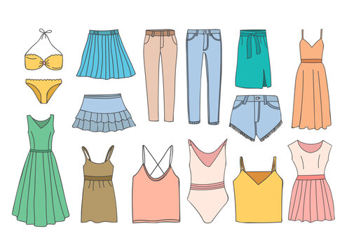 Woman summer clothing colorful doodle illustration collection. Woman summer clothing colorful icons collection