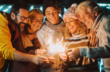Colorful image of group of family people from young to adult and matures have fun together in...