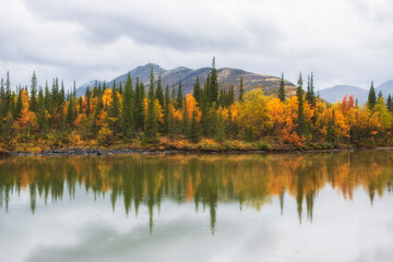 Equilibrium and reflection on an autumn lake in northern mountains with a colorful and multi colored forest