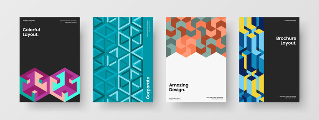 Clean poster A4 design vector concept composition. Multicolored geometric hexagons catalog cover illustration bundle.