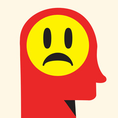 Human head silhouette with sad face. Mental health man feeling problems, failures, heartbreak, worried. Tired persone icon, sad mood. 10 eps