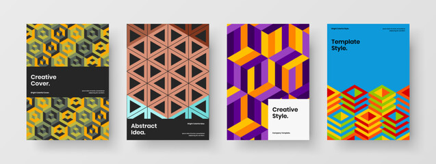 Multicolored brochure A4 design vector layout composition. Creative geometric hexagons leaflet concept bundle.