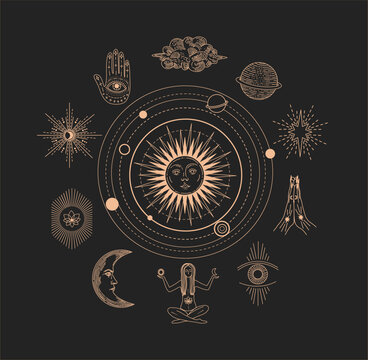 Set of linear vector illustrations. Hand drawn celestial illustrations depicting the sun, moon, planet, clouds. decoration in modern style. magical drawings. Sun with a human face