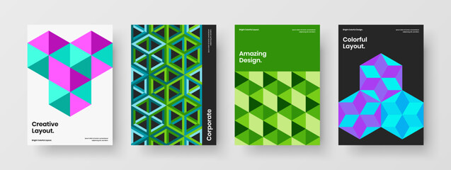 Vivid company brochure A4 vector design illustration set. Isolated mosaic shapes cover concept composition.