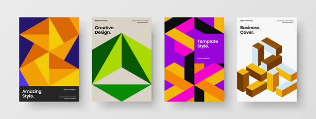 Clean mosaic hexagons leaflet layout bundle. Trendy company brochure A4 design vector illustration set.