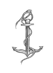 Black and white sketch of anchor - hand drawn marine symbol of hope isolated on white background	