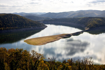 the german edersee lake with very low water due to climate change in autumn 2022 - obrazy, fototapety, plakaty