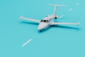 the concept of traveling by plane. the plane glides down the runway on a blue background. 3D render