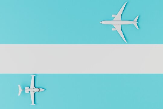traveling by plane. planes flying in different directions and a strip for writing on a blue background. 3D render