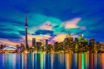 Downtown Toronto at night showcasing the city lights, Canada