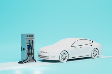 Electric vehicle charging concept. charging guns and a white electric car on a blue background. 3D render