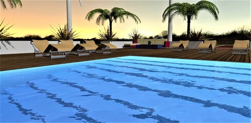 View of the sunset from the illuminated pool. Stkpeni are visible under the clear blue water. Several beige sun loungers on decking. 3d rendering.