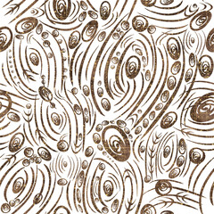 Abstract seamless pattern on transparent background. Paper texture, brown watercolor stains and splashes and threads of golden glitter on pattern. (pattern: sp01a)