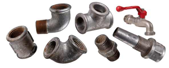 Hydraulic elbows of various types on an isolated background.