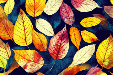 Autumn watercolor background with leafs, 3d illustration