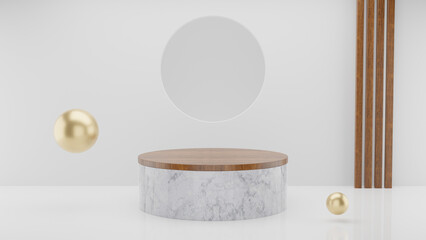 3D render of a Display Podium on white background. Marble and Wood tabletop. Gold spheres. Abstract, modern, blank promotional product shelf. 