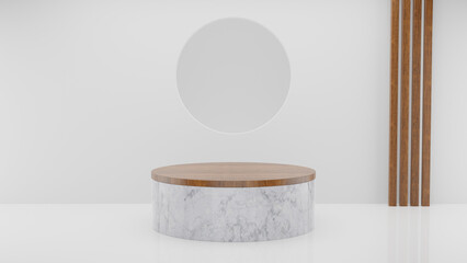 3D render of a Display Podium or Pedestal on white background. Marble and Wood tabletop. Abstract, modern, blank promotional product shelf. 