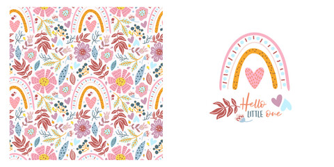 Childish pattern with Scandinavian rainbows and pink flowers. Set for baby shower. Floral seamless background, cute vector kids texture. Hello, little one. 