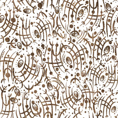 Abstract seamless pattern on transparent background. Paper texture, brown watercolor stains and splashes and threads of golden glitter on pattern. (pattern: sp02a)
