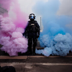 Riot police man standing in between pink and blue smoke bombs