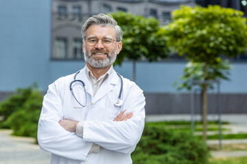Portrait of senior gray-haired doctor, mature man in white medical coat with crossed arms and stethoscope smiling and looking at camera, head doctor outside modern hospital.