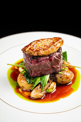 ribeye steak with potato and meat sauce