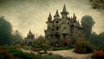 scary castle full of pumpkins on a halloween night children's illustration