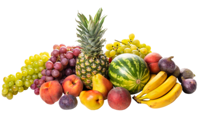 PNG.  Tropical fruits pineapple, watermelon, grapes, peaches, pears, figs, tangerines, bananas 