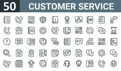 Fototapeta na wymiar set of 50 outline web customer service icons such as checklist, customer support, manual book, maintenance, guide book, telemarketer, rating vector thin icons for report, presentation, diagram, web