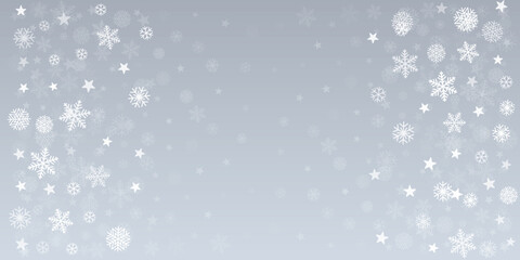 Christmas snow vector background. Falling snowflakes transparent decoration. New Year Holidays greeting card backdrop.