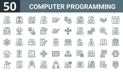 Fototapeta na wymiar set of 50 outline web computer programming icons such as log file, customer, task planning, js file, cases, budget, custom features vector thin icons for report, presentation, diagram, web design,