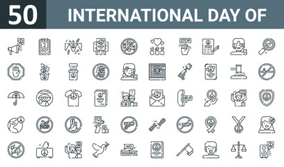 Fototapeta na wymiar set of 50 outline web international day of icons such as broadcast, calendar, garland, placard, no bomb, human, protest vector thin icons for report, presentation, diagram, web design, mobile app.