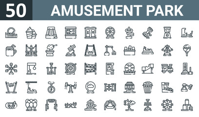 Fototapeta na wymiar set of 50 outline web amusement park icons such as roller coaster, ice cream, slide, shooting game, toilet, fortune wheel, ring toss vector thin icons for report, presentation, diagram, web design,