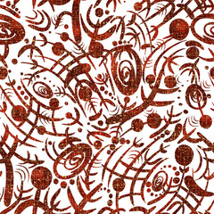 Abstract seamless pattern on transparent background. Paper texture, red watercolor stains and splashes and threads of golden glitter on pattern. (pattern: sp04a)